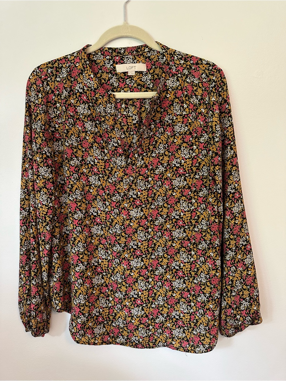 Loft Black Floral V-Neck Long Sleeve Blouse